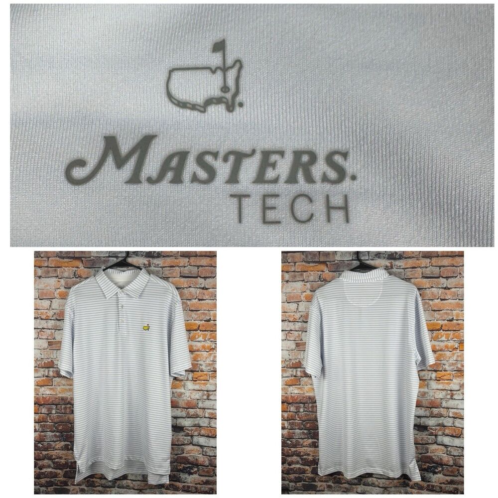 Masters Tech Blue Striped Golf Polo Short Sleeve Shirt Wicking Map Logo Large